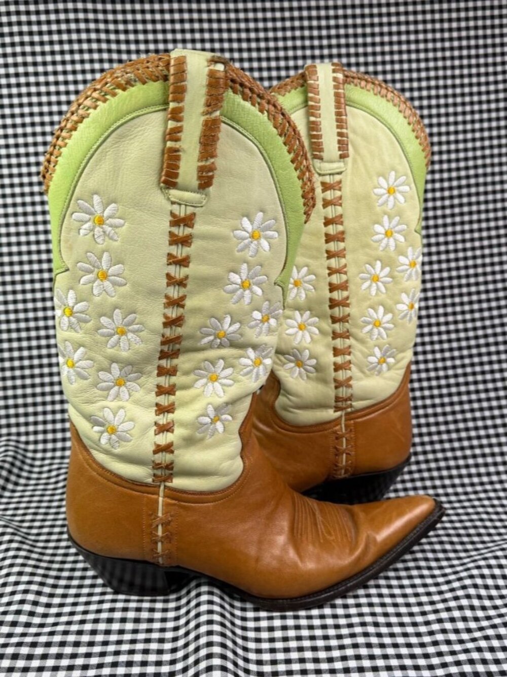 Lane Boots Daisy Cowboy Boots Women 9.5 Tan Green Floral Embroidered Leather